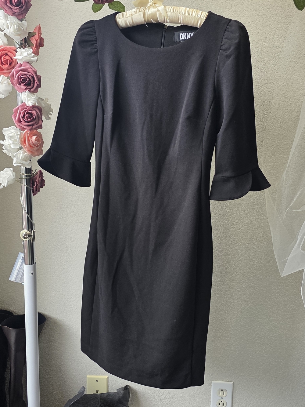 DKNY Black Midi Dress with Ruffle Sleeves